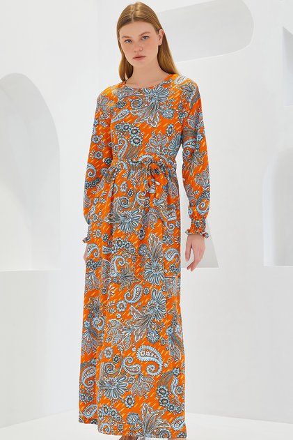 Women's Orange Floral Patterned Knitted Hijab Dress 1525
