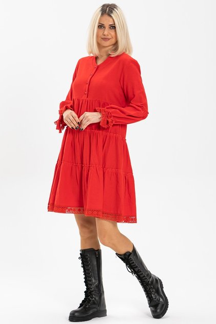 Long Sleeve Select Flannel Short Autumn and Winter Dress Red Krmz