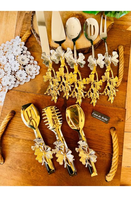 Gold Butterfly Patterned 8 Piece Serving Tongs Set-Gold Tongs