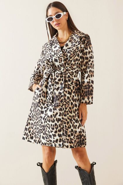 Leopard Patterned Belted Midi Trench Coat - Brown 5Kxk4-48962-18