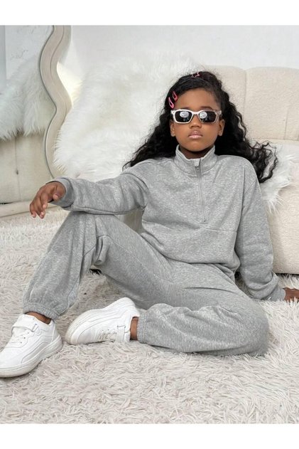 Children's Oversize Stand Collar Half Zipper Sweatshirt Tracksuit Set