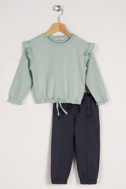 Crew Neck Long Sleeve Trousers with Stitching Detail Mint Smoke Color Girl's Tracksuit Set