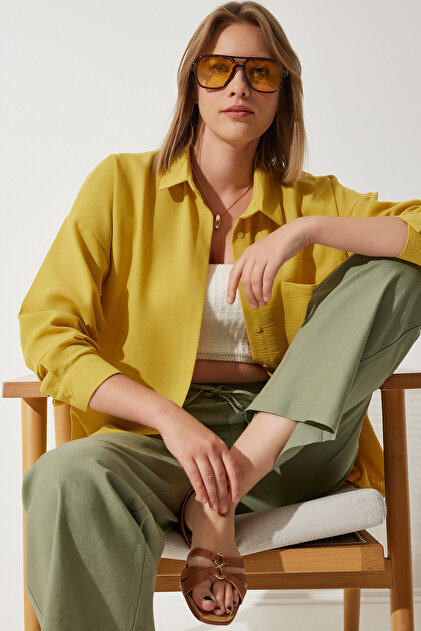 Lovelyİstanbul Oversize Basic Linen Ayrobin Shirt Mustard Ldd0009