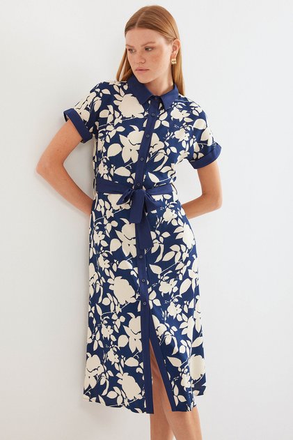 2455 Patterned Shirt Dress - Navy Blue
