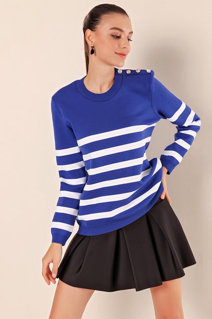 15820 Button Detailed Striped Sweater - Cobalt Blue