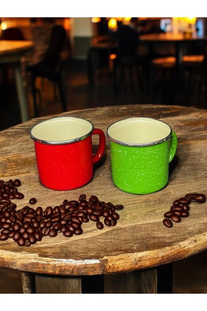 Enamel Mug Fire Resistant Camping Cup Vintage Red Green Double Walled 350ml 9 cm
