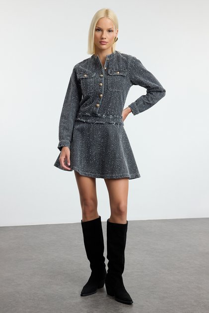 Gri Dokulu Eteği Volanlı Mini Denim Elbise TWOAW25EL00515
