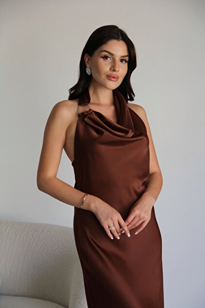 coffee brown satin dress Coffee Mermaid Cold Shoulder Ruched Corset Long Bridesmaid Dress with Slit main image 1