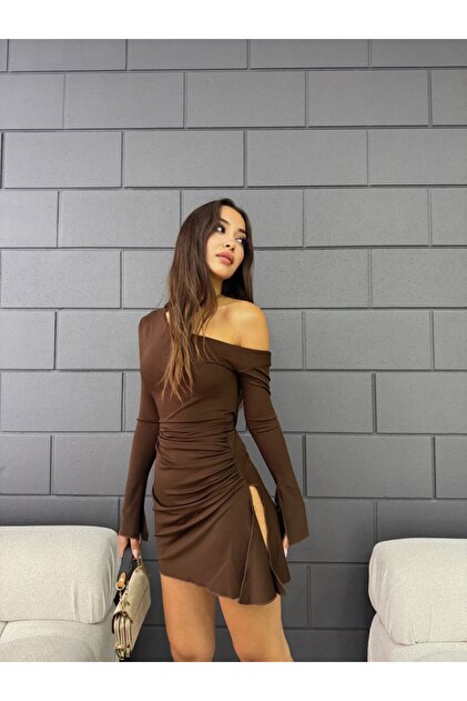 Fav Style Women's Asymmetrical Collar Long Sleeve Deep Slit Mini Dress  Brown- Trendyol
