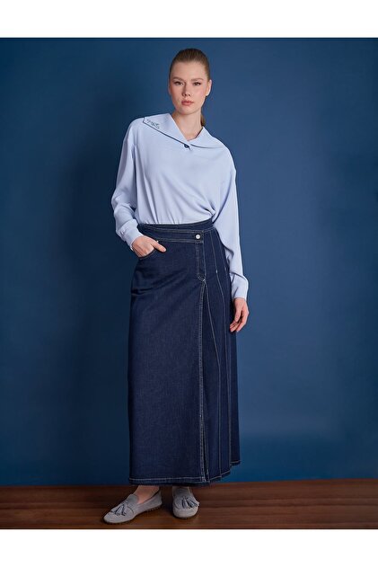 Cross Buttoned Pleated Denim Skirt Navy Blue