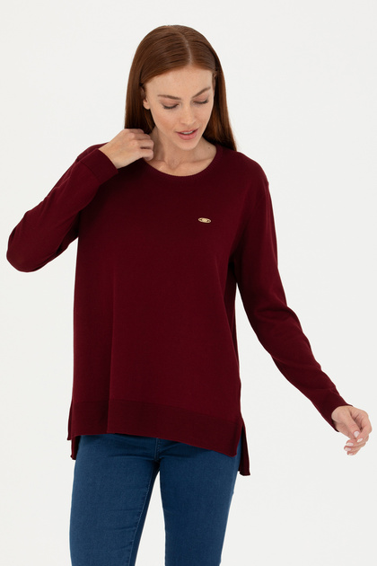 Women's Burgundy Crew Neck Basic Sweater 50277309-Vr014