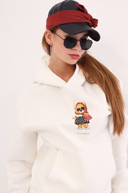 Women's Oversize Sweatshirt Hoodie Retro Fashion Teddy Bear Printed White – Hooded, Kangaroo Pocket