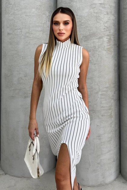 Rochie de damă din țesătură otomană, fără mâneci, cu guler înalt, cu dungi și cu șliț