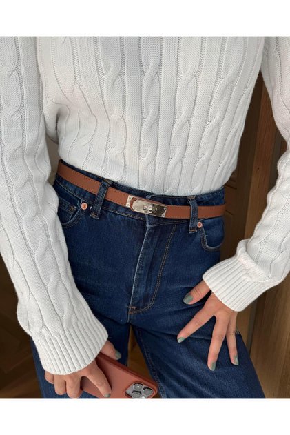 Silver Lock Buckle Stitched Belt 2cm Tan