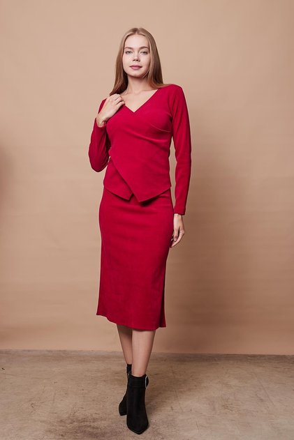 Women's Ribbed Stretchy Velvet Fabric High Waist Slit Below the Knee Slim Fit Pencil Skirt (Bluz Jument 2050
