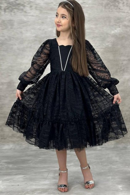 Girl's Black Evening Dress with Transparent Sleeves, Pearl Beaded Neck and Ruffled Hem