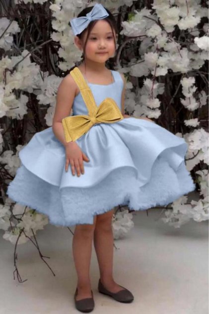 Girl's Silvery Bow Detailed Layered Tulle Blue Evening Dress