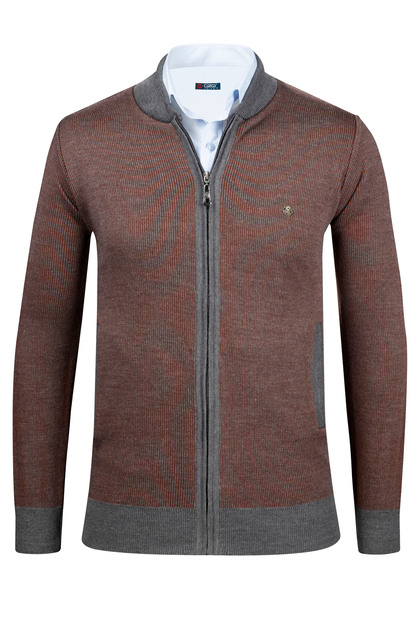 Men's Knitwear Gray Jacket with Zipper Pocket Detail Patterned Steel Knit - 5015K