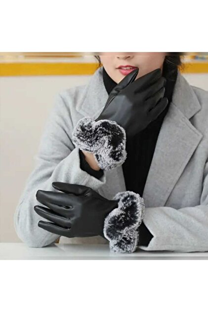 Luxury Model Leather Women's Gloves Furry Design Plush Gloves with Fleece Inside