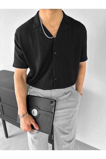 Men's Long Fit Seersucker Flexible Cuban Collar Shirt Black