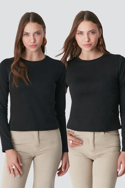 Crew Neck Long Sleeve 2-Piece Basic T-Shirt 955 Black