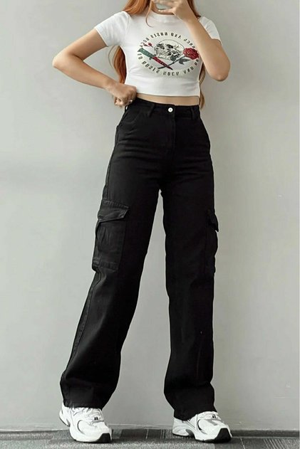 Catina Hot Fashionnova Black Back Pocketless Cargo Pocket Loose Lycra High Waist Loose Leg Jeans