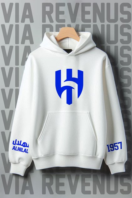 Al Crescent Printed Kangaroo Pocket 3 Thread Ribbed Wide Fit Hooded Sweatshirt