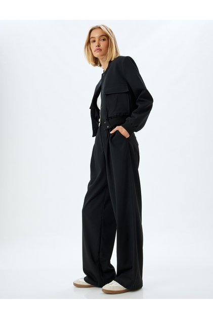 Viscose Blended Wide Leg Fabric Trousers with Pocket Detail