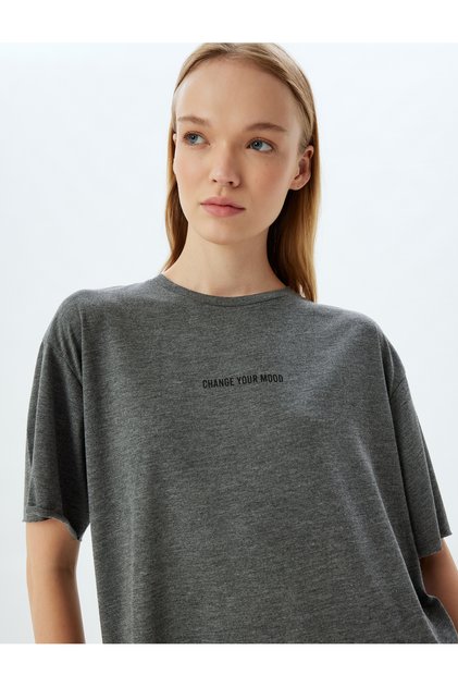 Oversize Slogan Baskılı Bisiklet Yaka Spor Tişört