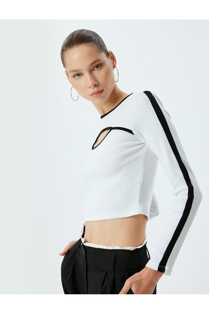 Crop T-Shirt Long Sleeve Window Detail Slim Fit Crew Neck Bias