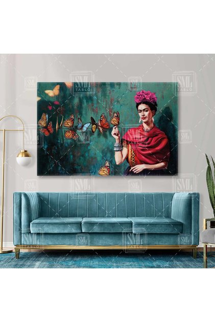 Pembe Çiçek Taçlı Frida Kahlo ve Kelebekler Butterfly Ressam Yatay Kanvas Tablo