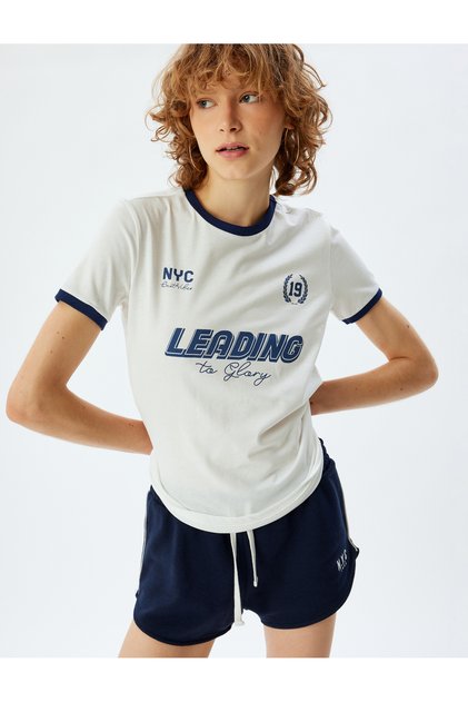 College T-Shirt Printed Crew Neck Short Sleeve Ribbed
