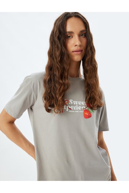 Fruit Print on the Back T-Shirt, Crew Neck, Short Sleeve, Cotton