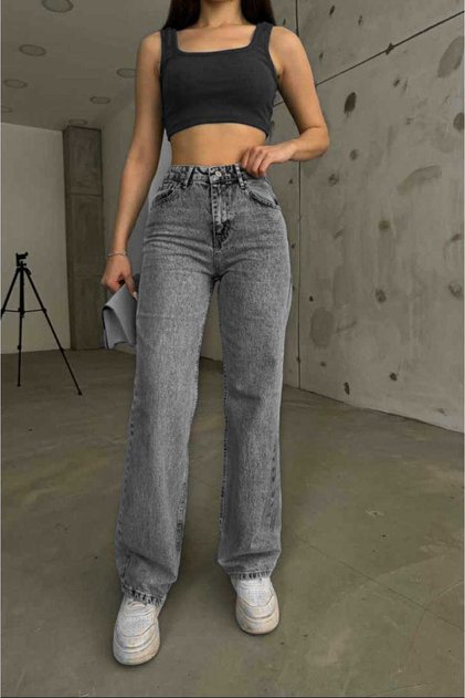 Arya Smoked Gray Women's Loose-Fit Stretch 90s Super High-Waisted Loose-Leg Jeans Palazzo Pants