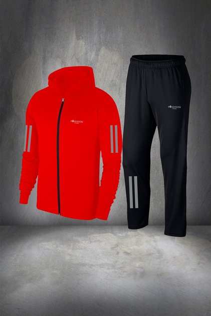 Plus Size Men's Red Special Supra Combed Fabric Hooded Zipper Jogging Suit 4Xl-10Xl