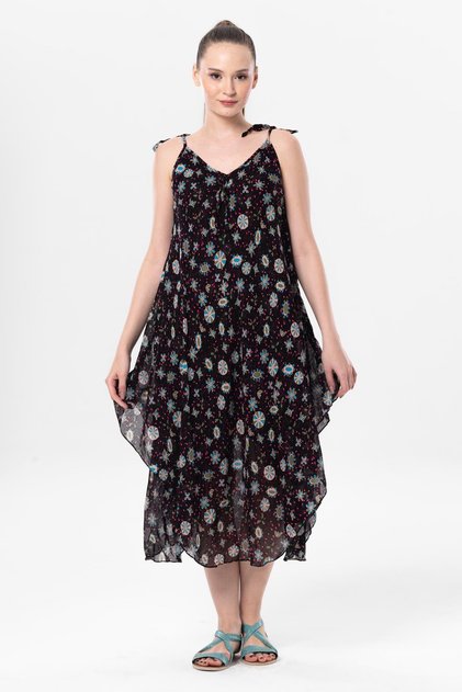 Strappy Voile Aphrodite Midi Length Summer Dress Black 6200
