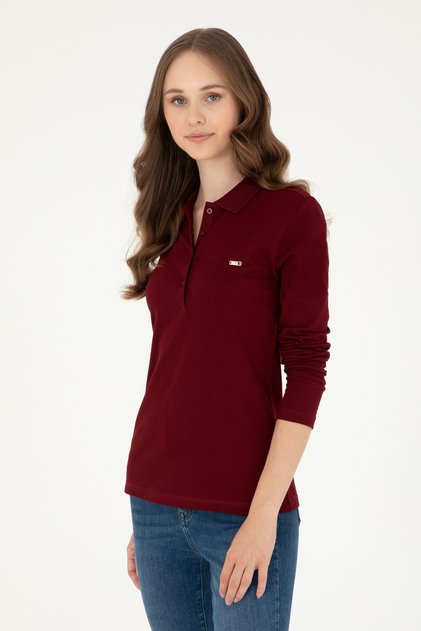Women's Burgundy Basic Polo Neck Sweatshirt 50296941-Vr014