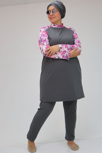1734 Plus Size Raglan Sleeve Hijab Swimsuit - Pink - Gray