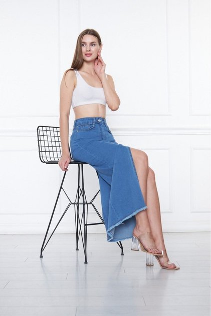 Blue High Waist Cotton Denim Skirt with Deep Front Slit and Tassel Pockets