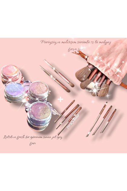 Fırça seti+ışıltılı krem far 4lü set