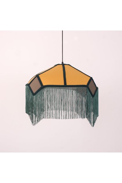 Mihrace 50x45 cm Doğal Hazeranlı Kumaş Avize - Hardal ve Yeşil Saçaklı Sarkıt