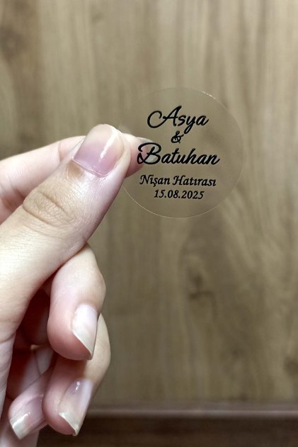 Kişiye Özel Şeffaf Etiket / Nikah - Nişan Etiketi / 100 Adet Yuvarlak Zarf Etiketi (3,5 Cm)