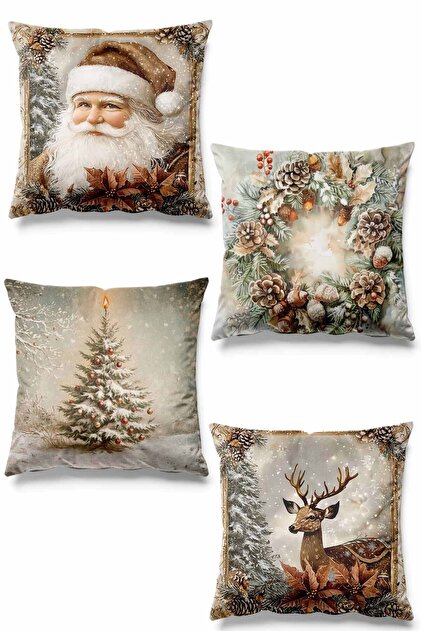 Double Sided Printed Snowy Christmas Patterned Set of 4 Suede Throw Pillow Cover - New Year - Christmas