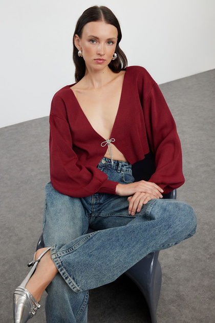 Cardigan tricotat cu fundă, culoare burgundy, model Super Crop Basic TWOAW24HI00315