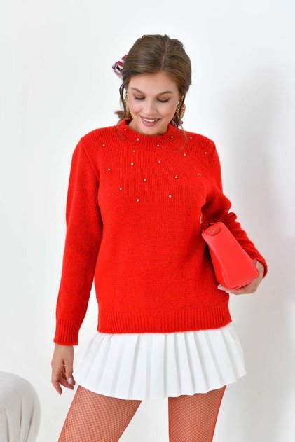 Women's Bead Embroidered Sweater Red 20741