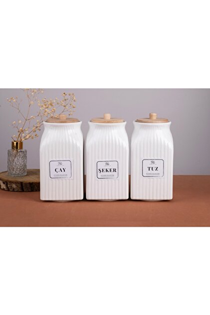Kitchen Pembelia 3'lü Bambu Kapaklı 1000 ml Porselen Çay Şeker Tuz
