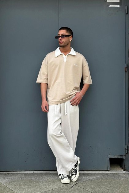Cream Bound Polo Neck Outplenty Premium Oversize T-Shirt