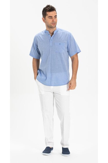 Short Sleeve Sile Cloth Single Pocket Judge Collar Men's Summer Tshirt Blue 3032