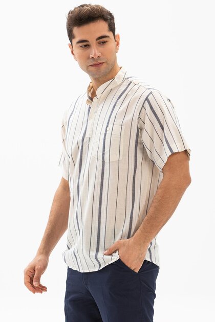 Short Sleeve Sile Fabric Single Pocket Stand Collar Men's Summer Tshirt Ecru Gray Striped 3028
