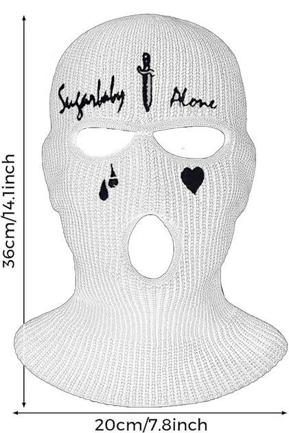 Knitted Unisex Snow Mask with Sword Teardrop Embroidery White